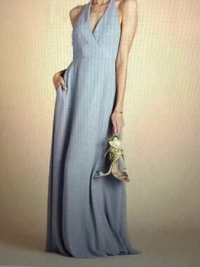 Birdy Grey Halter V-Neck Maxi Dress in Dusty Blue